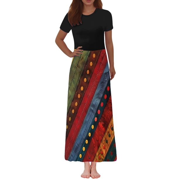 Vestido Corto de Verano de la Moda de las Mujeres Impreso de Manga Corta Cuello Redondo Tobillo de Longitud Vestido Casual