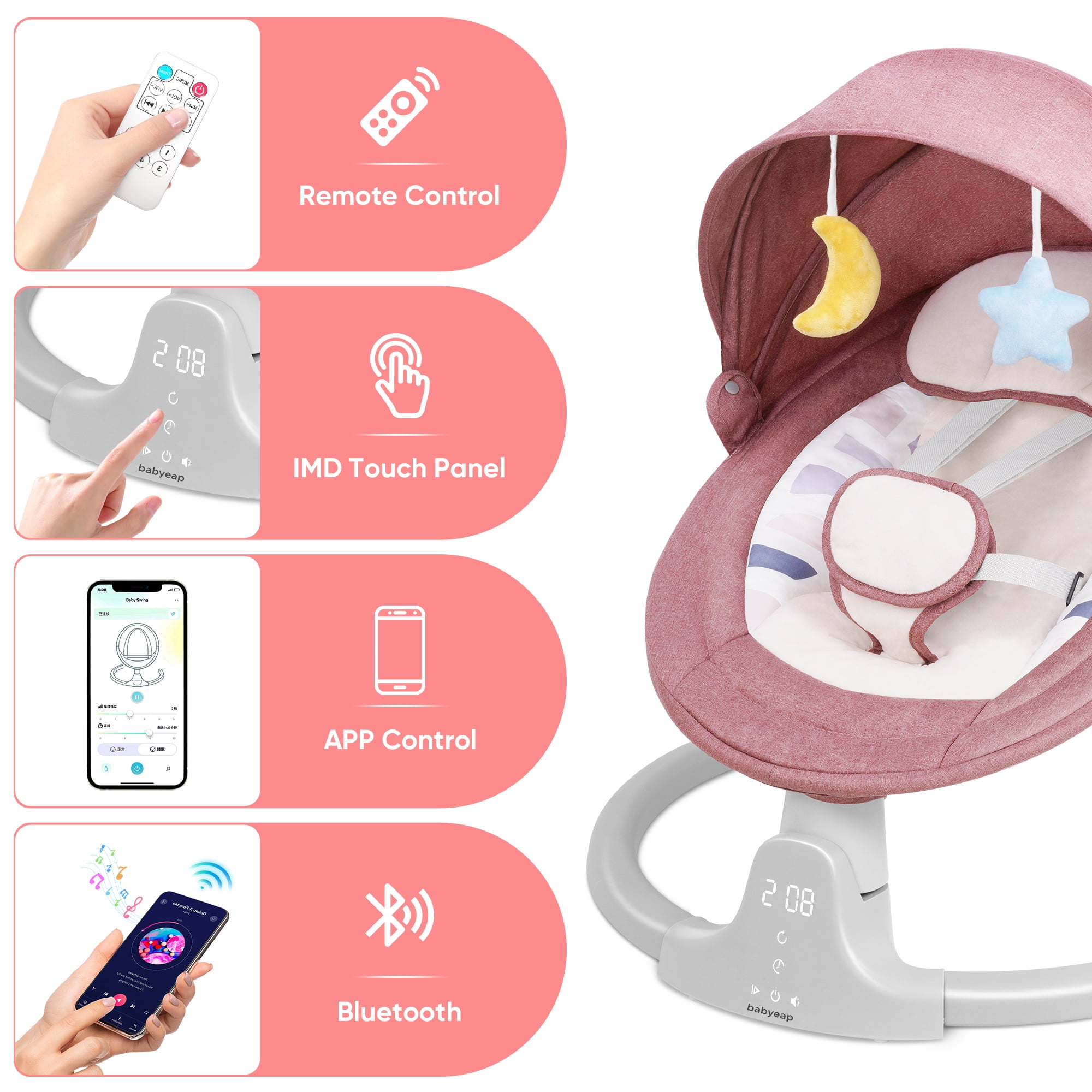 Babyeap Baby Swing for Infants - APP Remote Bluetooth Control, 5 Speed Settings, 10 Lullabies, Pink