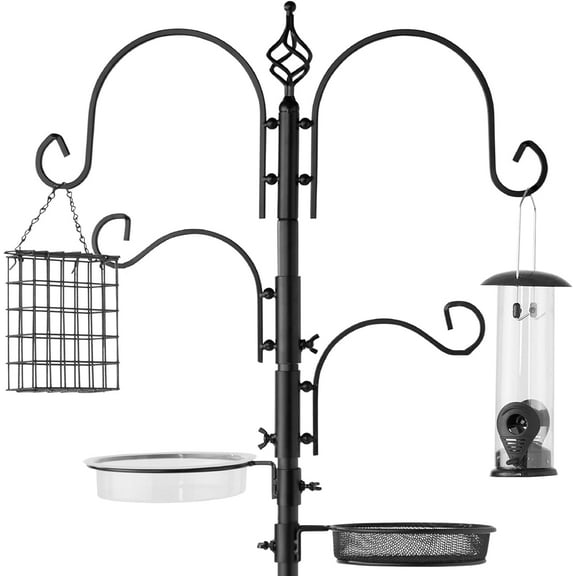 SSyao 91in 4-Hook Feeding Station, Steel Multi-Feeder Kit Stand for Attracting Wild Birds w/ 2 Bird Feeders, Mesh Tray, Bird Bath, 4-Prong Base-Black