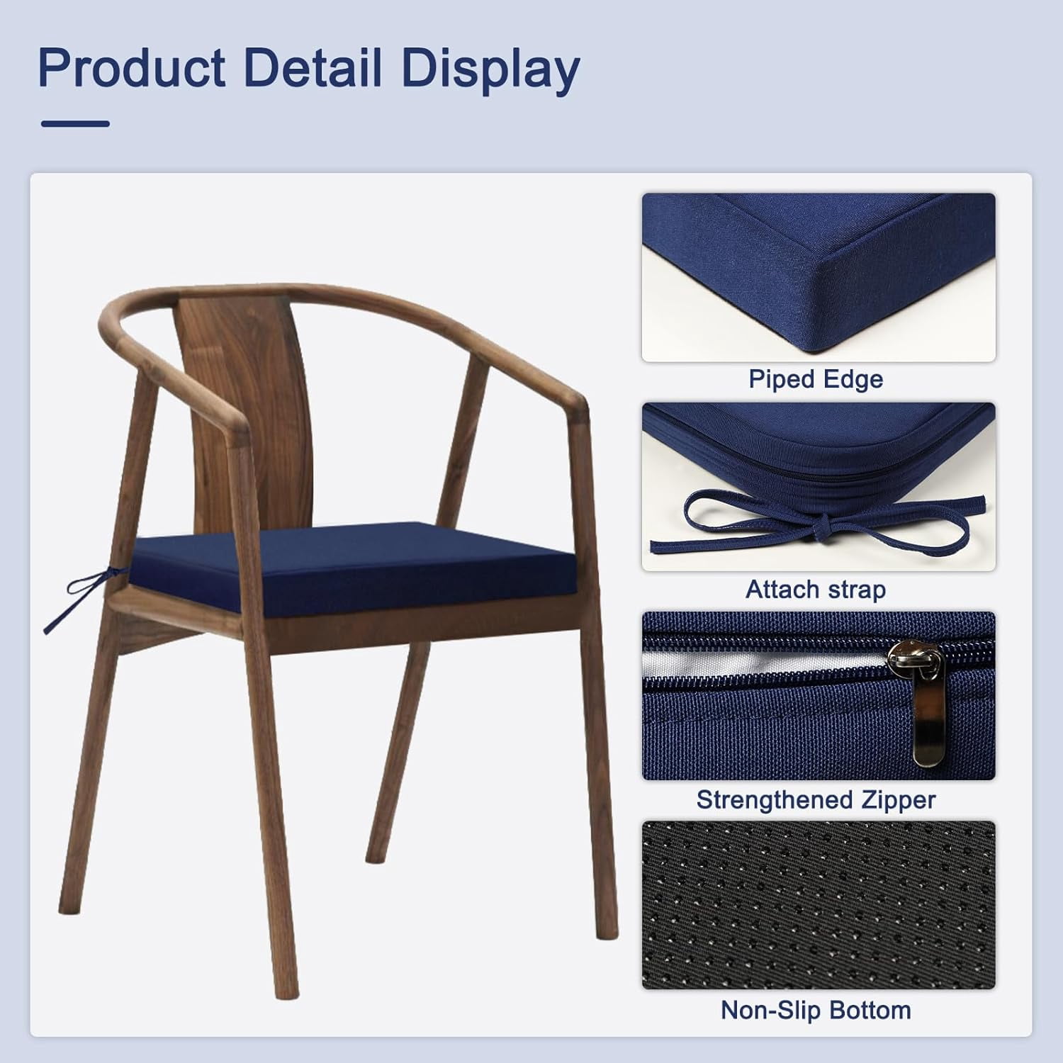 Outdoor Seat Pads Chair Cushions Pack of 2 Waterproof Patio Furniture Seat Cushions With Adjustable Straps for Patio,Garden,Living Room,18.5"x16"x3",Navy Blue