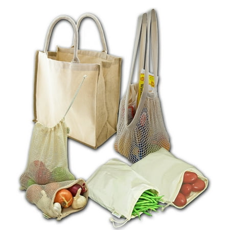 Simple Ecology Organic Reusable Farmers Market Grocery Shopping Bag Set (gift & starter set, durable handles, string produce saver bags, food storage, bulk bin, with tare weight tag and (Best Food Saver On The Market)