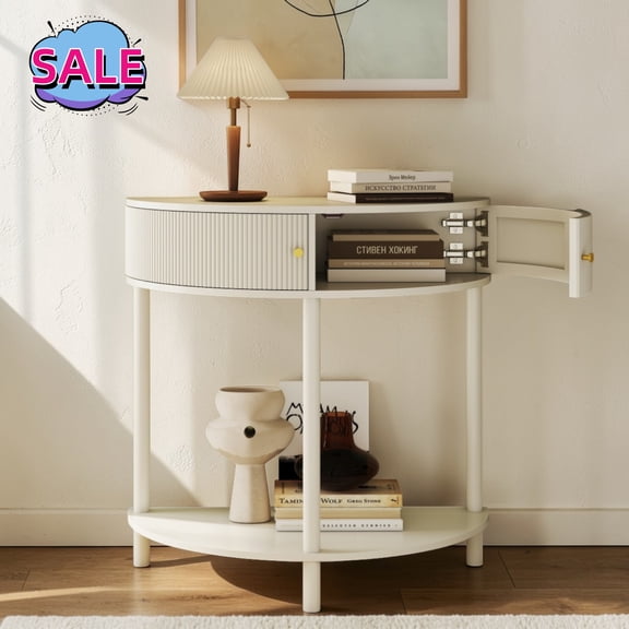 Hassch Half Moon Console Table with Storage Shelf and 2 Rattan Doors, 38 Inch Small Entryway Table for Living Room, Hallway, Easy Assembly, Cream White