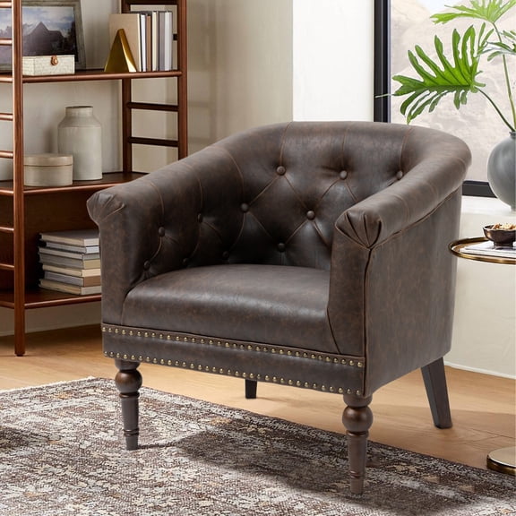 DREAMSIDEA Faux Leather Barrel Club Chair Modern Accent Armchair, Chocolate
