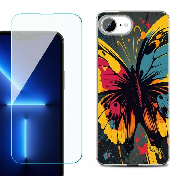 For For iPhone 16e Phone Case Cover, Shockproof Case with Tempered Glass Screen Protector, by OneToughShield - Abstract Butterfly