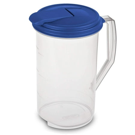 - Heavy Duty Round Plastic Pitcher, Blue Lid & Tab with See Through Base, Leak Proof Spill Proof Lid Spout, BPA-free (2 Quart)