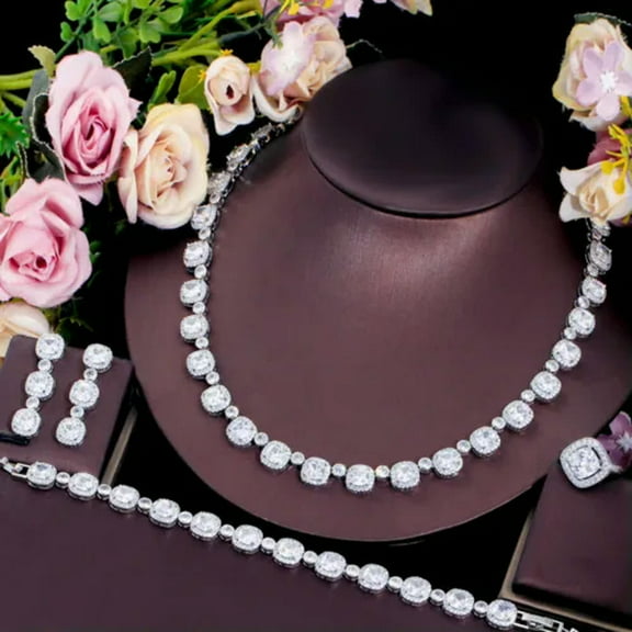 Chunky White Gold Plated Cubic Zircon Necklace Earring Bracelet Ring Jewelry Set