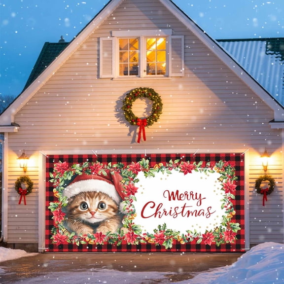 Cat Christmas Garage Door Decorations, 6x13ft Garage Door Cover Banner with Grommets, Outdoor Garage Door Backdrop Mural for Holiday Party Wall Decor, Holly Berry Poinsettia Buffalo Plaid