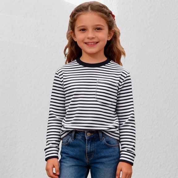 ZHOGXU Kids Girls T Shirts Long Sleeve Crew Neck Striped Print Casual Comfortable Top Tee With Side Pocket For Everyday Play And School,Black,3-4 Years