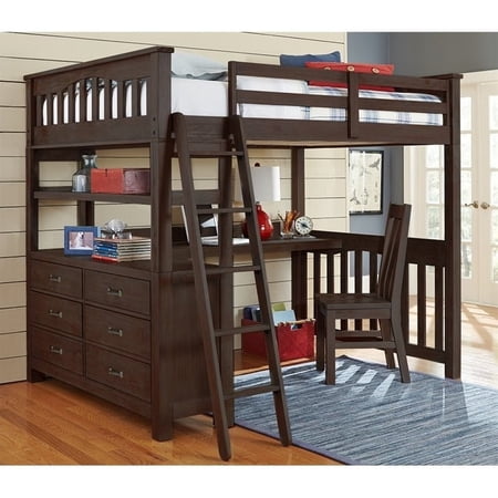 NE Kids Highlands Full Loft Bed with Desk and Shelf in Espresso
