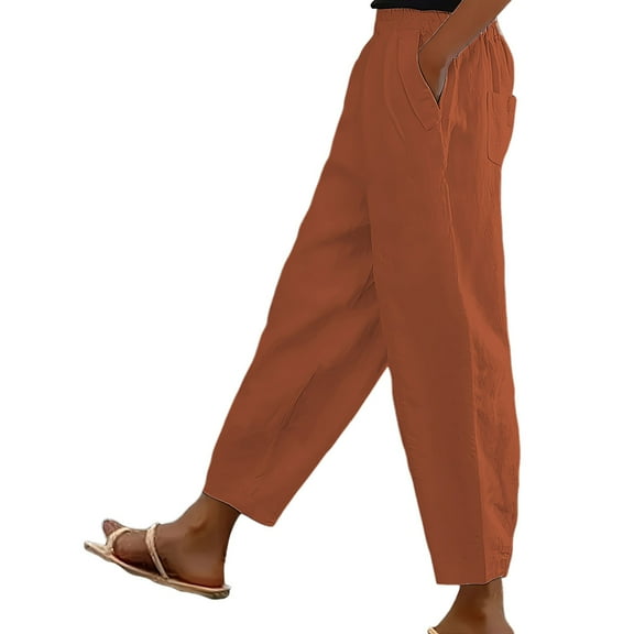 Dpytoraw Women Solid Pants High Waisted Wide Leg Pants Fashion Drawstring Elastic Trousers Comfy Straight Leg Long Pants With Pockets Women's Casual Pants For Summer Travel Brick Red L