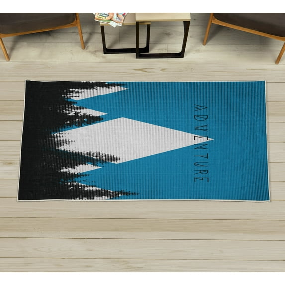 Adventure Decorative Rug, Forest Halftone Effect Hipster Typography Camping in Mountains, Quality Carpet for Bedroom Dorm and Living Room, 6 Sizes, Azure Blue, by Ambesonne