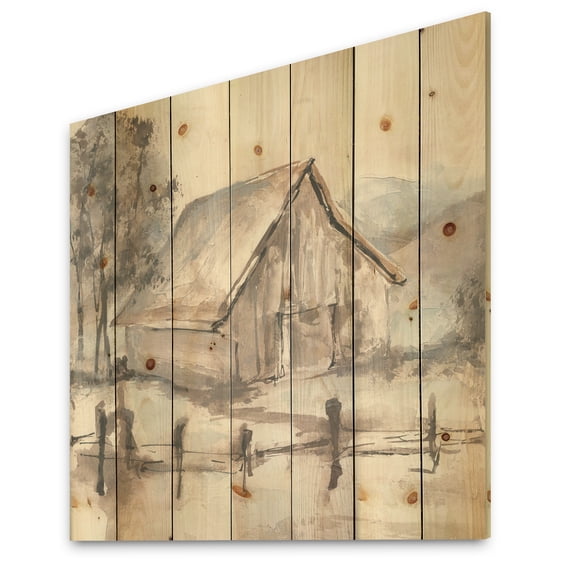 Designart 'Grey Barn Farmhouse VI' Modern Farmhouse Print on Natural Pine Wood