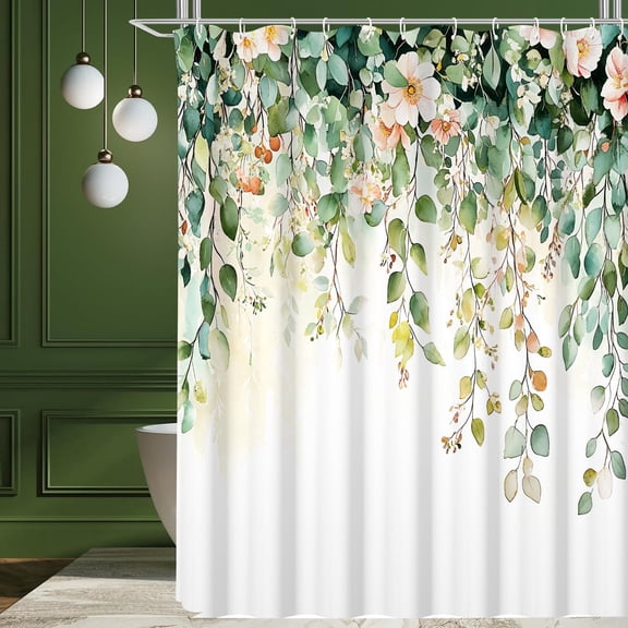 Eucalyptus Shower Curtain Fabric,Green Leaves Watercolor Waterproof Bath Curtain for Bathroom 72x72 Inch
