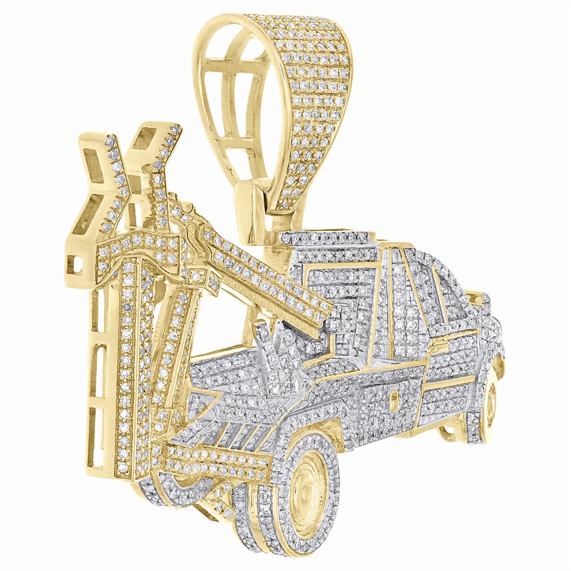 Radiant Jewelry Men's Tow Truck Charm Pendant | 2CT CZ Diamond | 1.5 Inch Hip Hop Jewelry | 10K Yellow Gold Plated