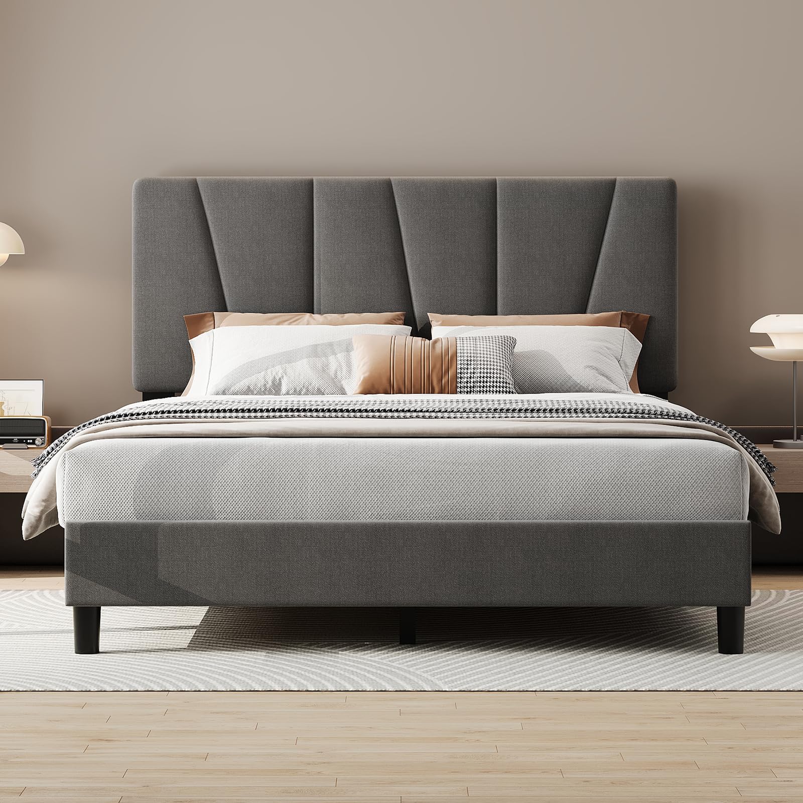 Queen Size Upholstered Platform Bed Frame with Soft Padded Diagonal Headboard,Noise-Free Wooden Slat Bed Frame