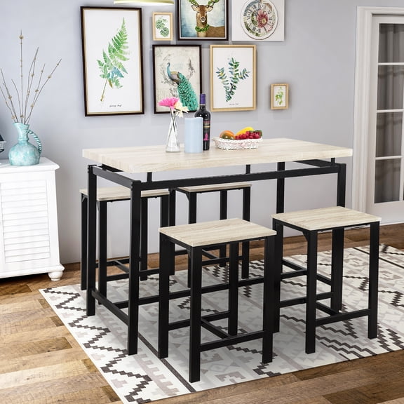 5 Pieces Dining Table Set Modern Style Wooden Kitchen Table and 4 Chairs with Metal Legs, Beige