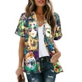 thumbnail image 5 of VILOVE Women Mardi Gras T-Shirt Hawaiian Shirt Street Carnival Themed Masks Graphic Tees Beach Vacation Short Sleeve Button Up Tops, Purple, 5 of 5