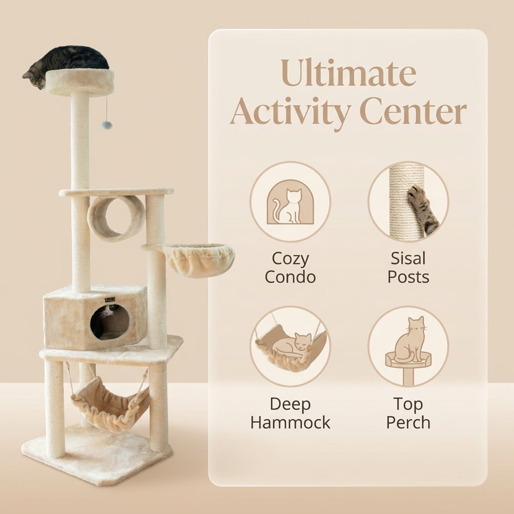 Cat Tree Tower, 72 Inch Tall Activity Center with Cozy Condo, Deep Hammock, Sisal Scratching Posts, Top Perch, Beige