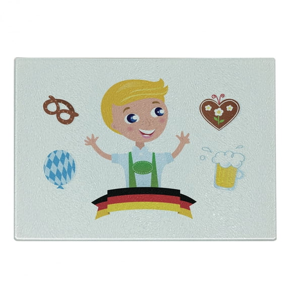 German Cutting Board, Bavarian Boy with Blonde Hair with Oktoberfest Beer Balloon and Pretzel, Decorative Tempered Glass Cutting and Serving Board, Small Size, Multicolor, by Ambesonne