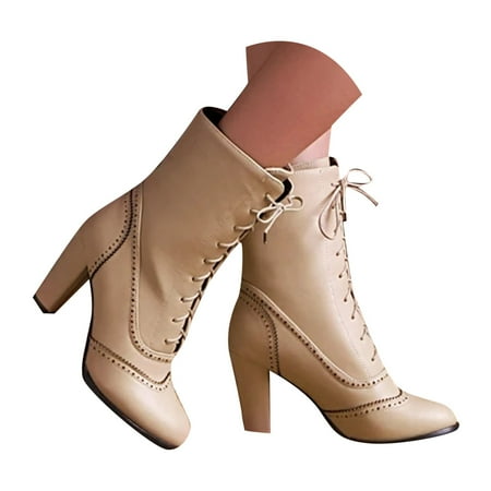 

Mepaouo Women s Mid Calf Boots Dressy Lace up Heels Combat Boots Goth Punk Ankle Booties(Beige 9.5)