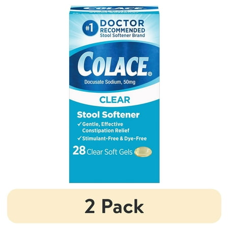 (2 pack) Colace Clear Stool Softener Soft Gel Capsules Constipation Relief 50mg Docusate Sodium, 28 Ct