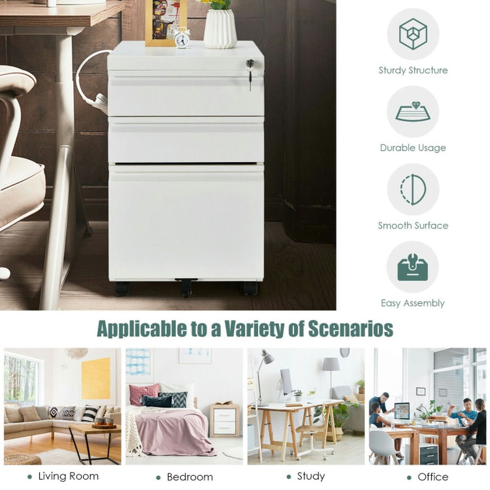 Demi Bonn 3-Drawer Mobile File Cabinet with Lock, Stee Filing Cabinet for Home Office, White