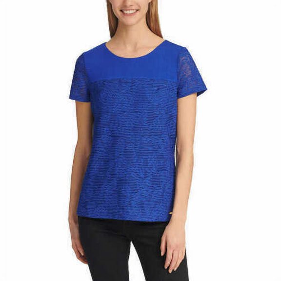 Calvin Klein Women's Short Sleeve Mesh Overlay Double Layer Tee Atlas Blue