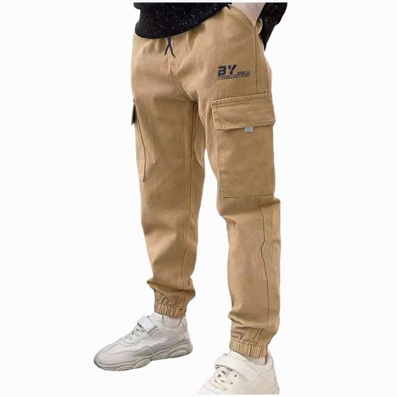JUMEYU School Uniform Pants for Boys Cargo Pants for Kid Boys Elastic Waist Wide Leg Side Pockets School Wear Pants for Kids 5T 6T (Beige,5-6 Years)