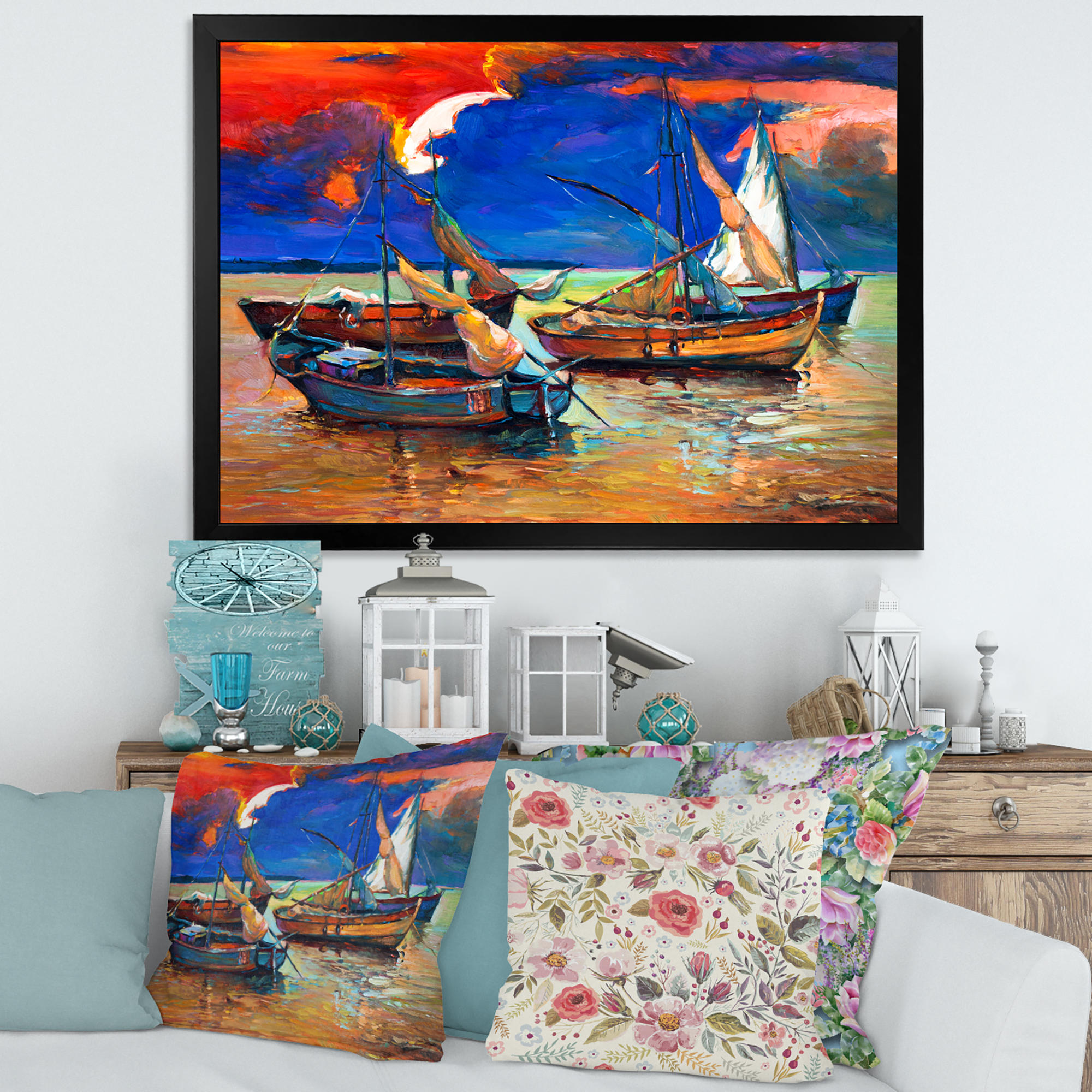 Designart 'Boats On The Water With Dark Blue Sky I' Lake House Framed Art Print