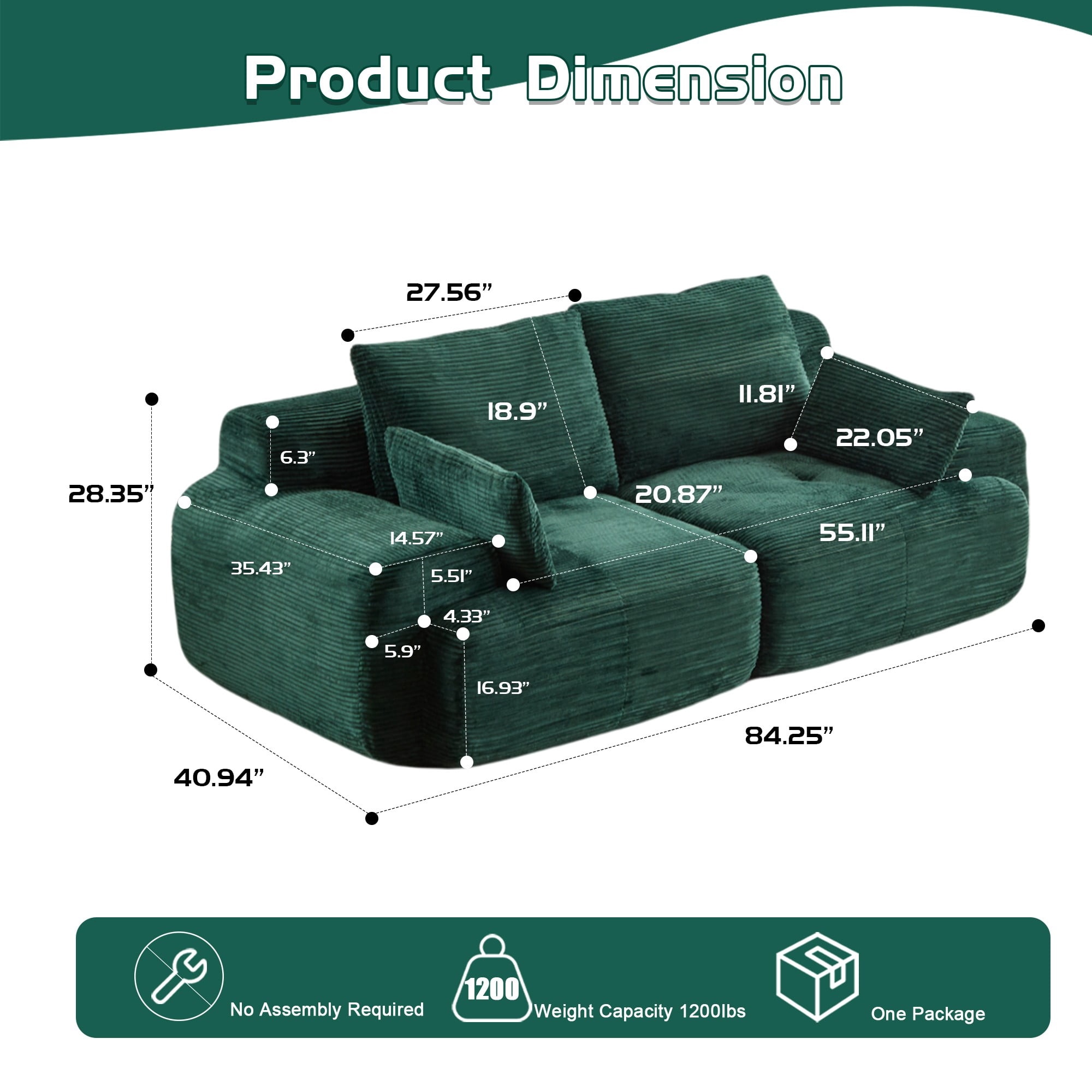Leumius Modern Compressed Sofa,2 Seater Memory Foam Sofa Couch,Corduroy Extra Deep Loveseat Sofa for Living Room,Green