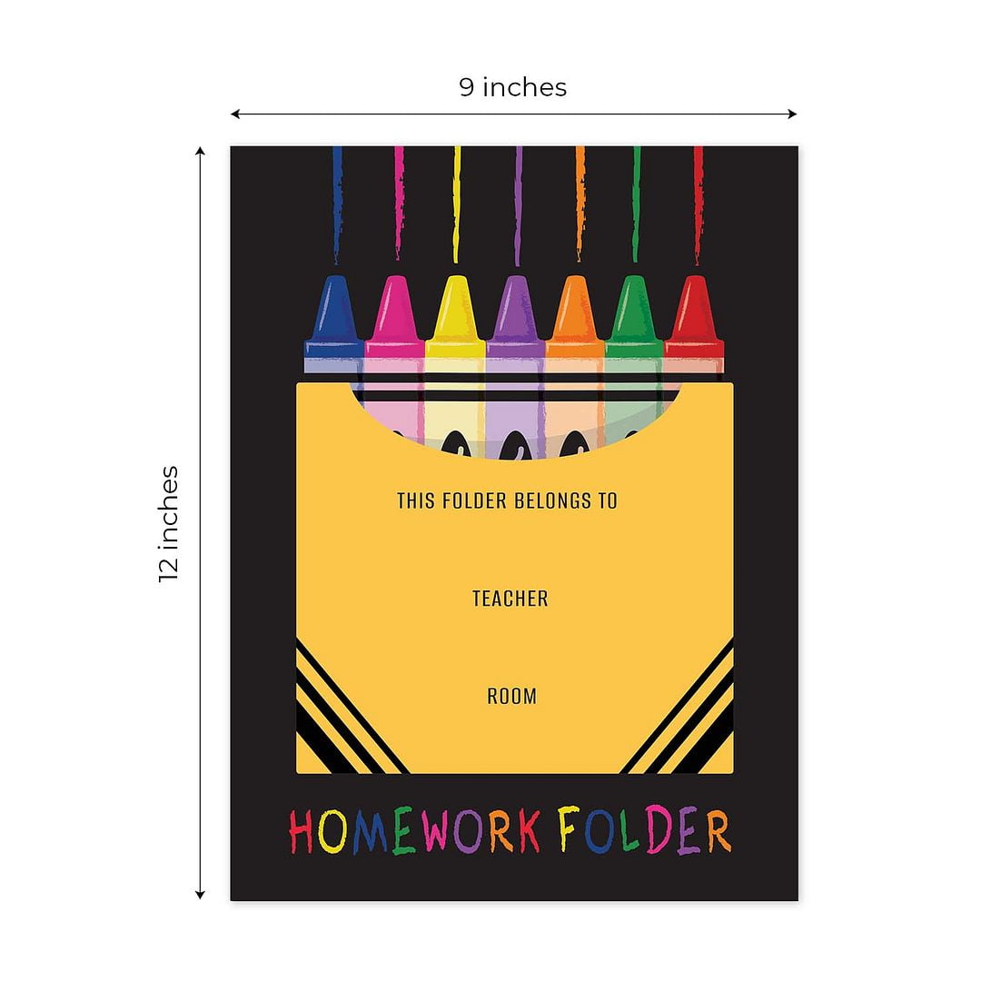 Colorful Crayon Box Homework Folders / 25 Vibrant Classroom Student Folders / 9" x 12" School Teacher 2 Pocket Organizational Black Desk Folder Pack / Made In The USA