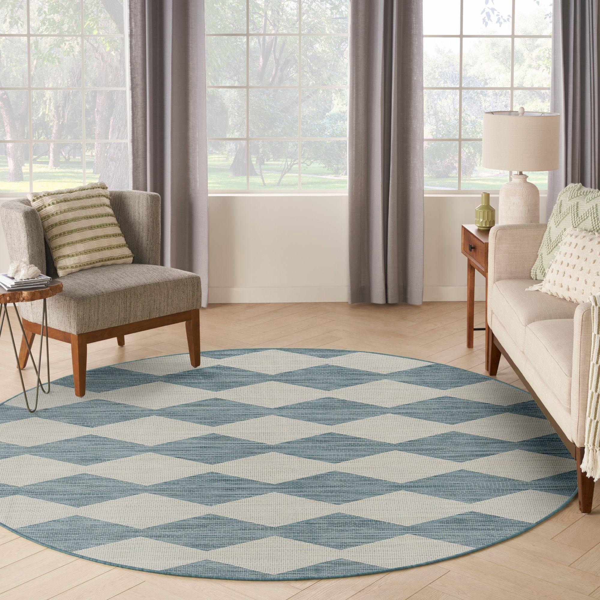 Nourison Positano 8' x Round Aqua Diamond Modern Flatweave Indoor/Outdoor Rug