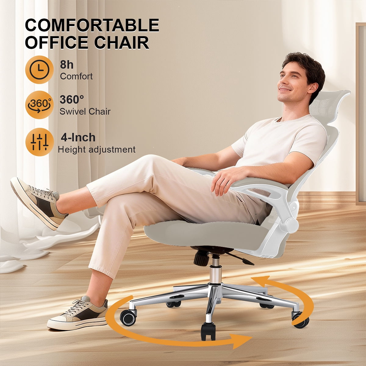 Office Chair, Ergonomic Breathable Mesh,Flip-Up Arms and Adjustable High Back Lumbar Support,Comfy Computer Chair for Home Office
