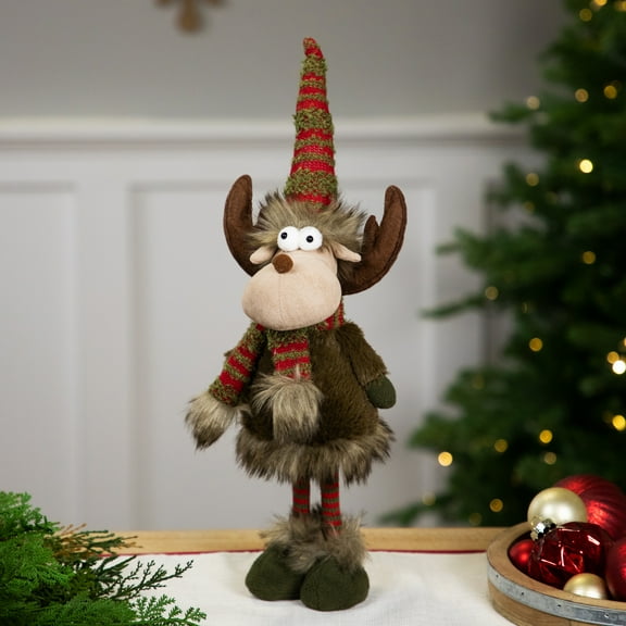 Northlight Standing Plush Moose with Striped Legs Christmas Figure - 18" - Green and Red