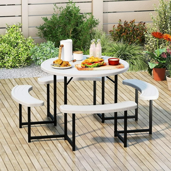 LDAILY Picnic Tables with Benches, Round Picnic Dining Table with 1520 lbs Capacity Metal Frame, HDPE Tabletop & Umbrella Hole, 8-Person Plastic Picnic Tables for Outdoors, Patio, Lawn, Yard (White)