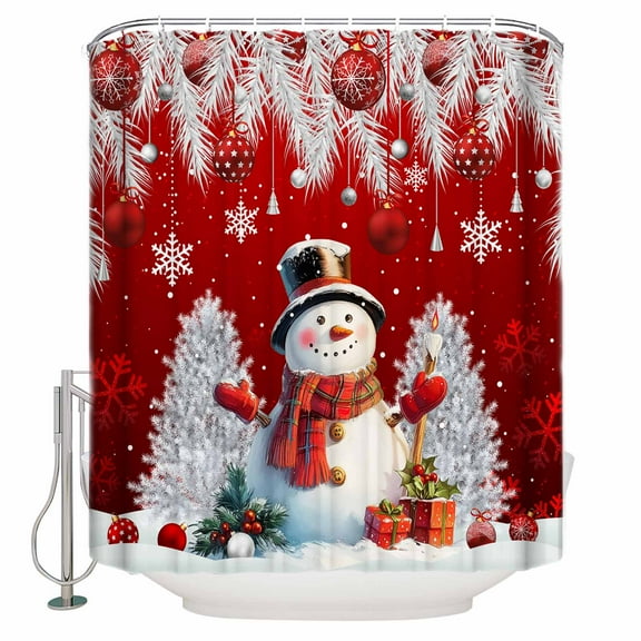 72x78 Inch Shower Curtain Red Snowman Christmas Bathroom Decor Waterproof Fabric Bathtub Bath Curtains Decorative Xmas Tree Balls Snowflake Extra Long Shower Curtain Set with Hooks
