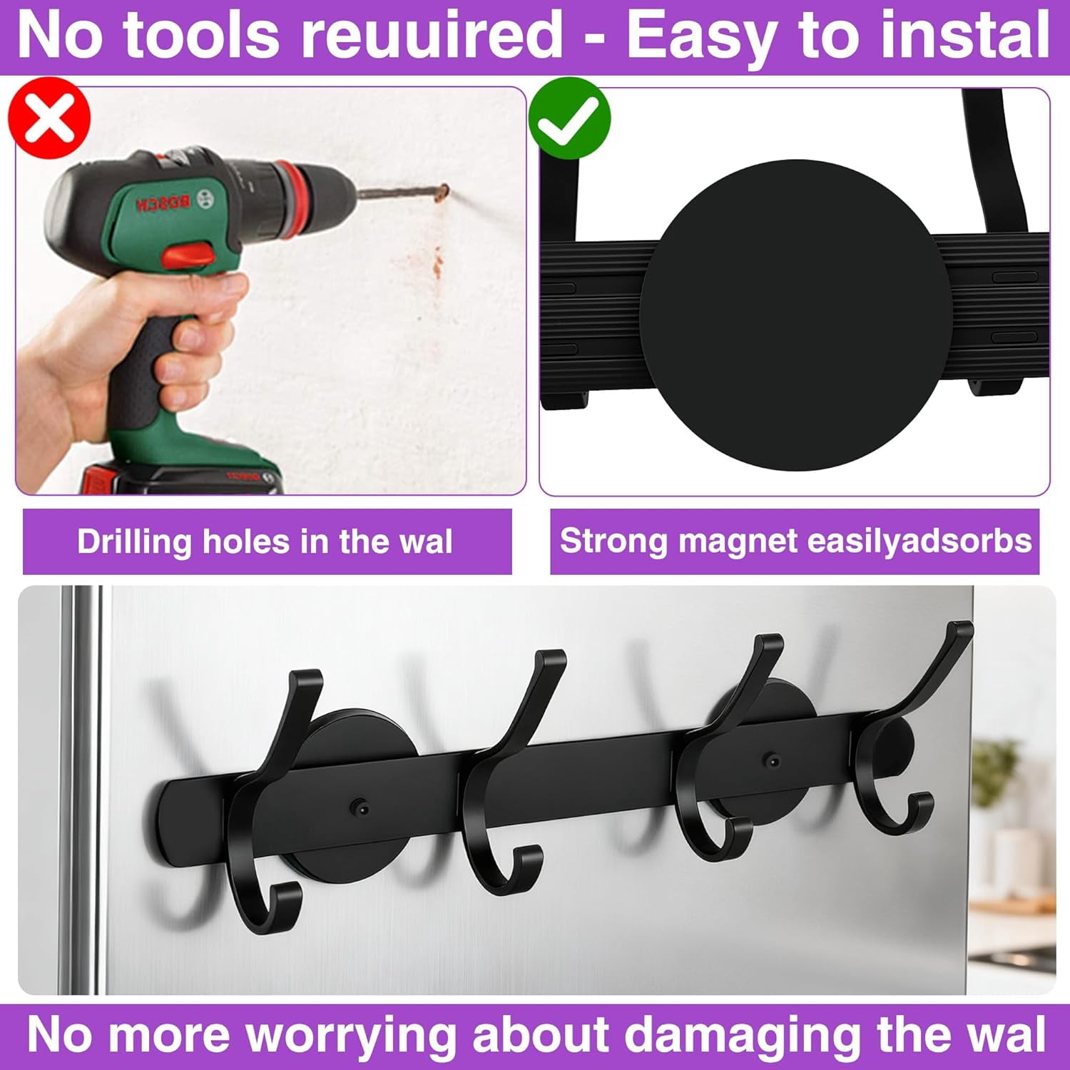 RGHJAR-Magnetic Coat Hooks Heavy Duty - Scratch-Free Metal Cabinet Hook,4-Hook Strong Rubber Magnetic Hanger for Refrigerator,Metal Cabinet,Hanging Coat, Towel, Bag, Backpack (Black 1PCS)