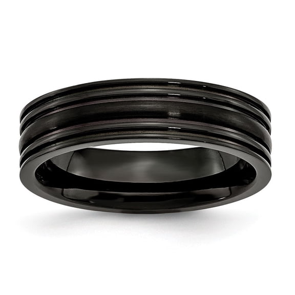 Black Titanium Grooved 6mm Brushed and Polished Band Ring - Size 6.5