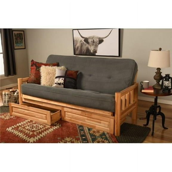 Lodge Natural Futon Frame with Marmont Thunder Mattress & Storage Drawers - Full Size