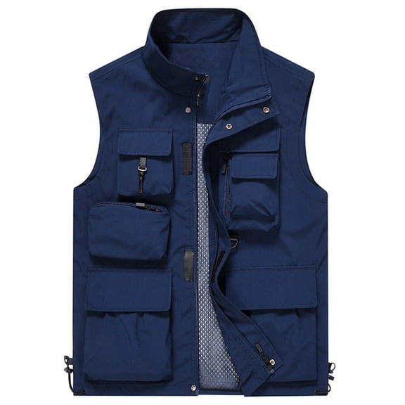 HOOMEUMY Mens Cargo Vest 2025 Trendy Classic Solid Coat Standing Collar Jacket Pocket Design Casual Workout Sleeveless Clothes Fashion Blue L