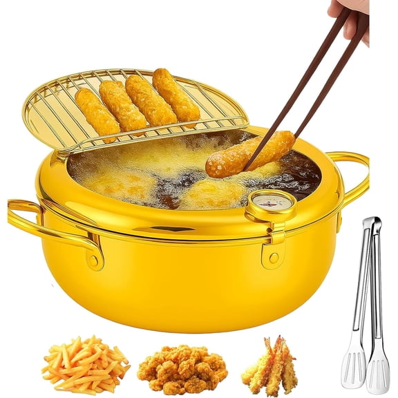 Japanese Deep Fryer Pot, Stainless Steel Frying Pot with Thermometer and Oil Drip Drainer Rack, for Fried Chicken, French Fries, Fish, Shrimp (Gold, 28cm/11in)