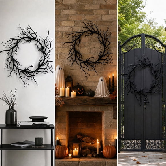 16 inch Halloween Black Branch Fall Wreath, Artificial Black Twig Autumns Wreath, Black Grapevine Wreaths with Blacks Branch Hanging Decor For Front Door Thanksgiving Christmas Decor