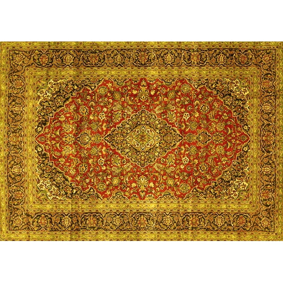 Ahgly Company Machine Washable Indoor Rectangle Medallion Yellow Traditional Area Rugs, 7' x 10'