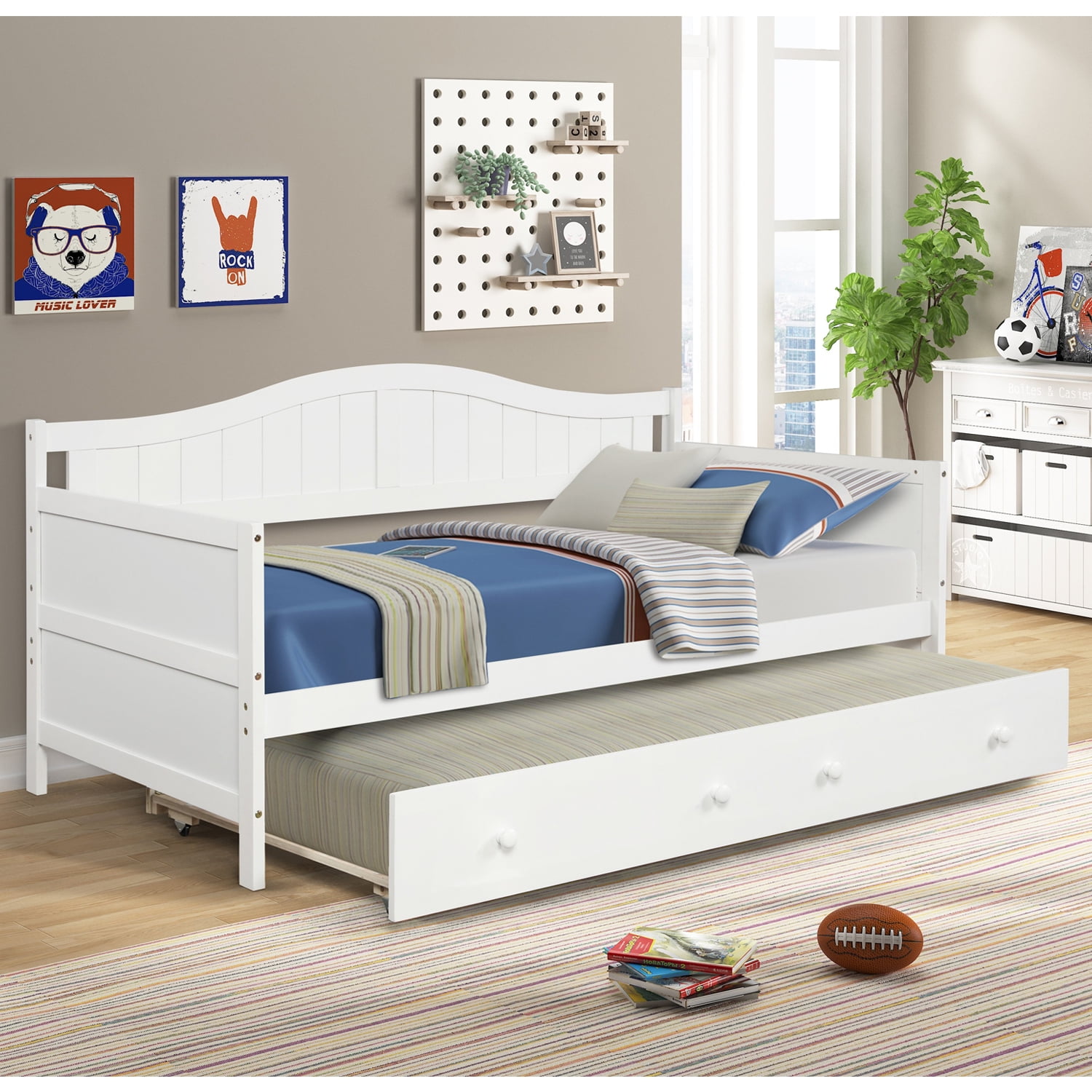 Daybed with Trundle Bed Underneath White Bed Frame with Slats, No Box