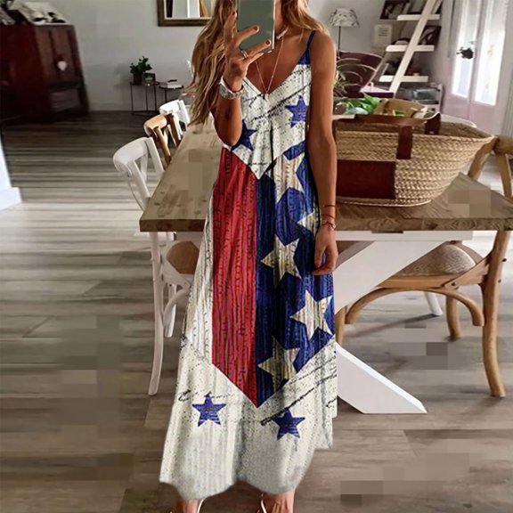 Wycnly Womens Dresses for 4th of July High Waist Spaghetti Strap Sundress Independence Day Cami Maxi Dresses Sleeveless V-Neck USA Flag Print Long 2024 Summer Casual Dress Red m