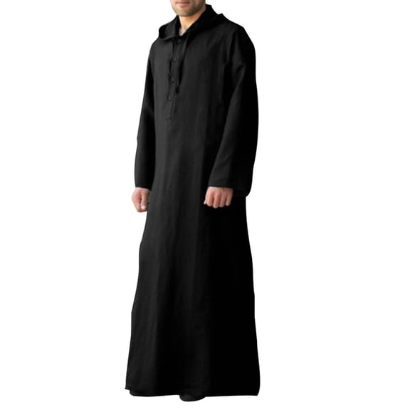 XIAOCHA Loose Fit Thobe Robe For Men Long Sleeve Henley Neck Hooded Dress Comfortable Traditional Everyday Dress