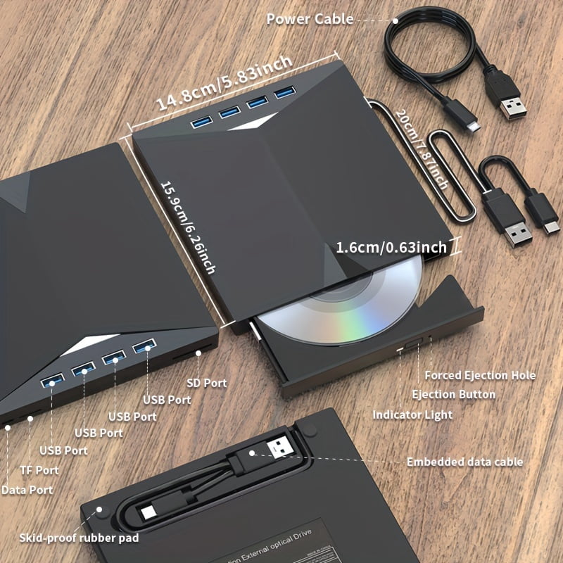 7-In-1 Multifunctional External Player/Reader/Writer USB C Portable CD/DVD+/-RW Drive/Dvd Player, USB 3.0 USB C Hub DVD CD Burner, Compatible with Laptops, Desktops, And All-In-One Computers
