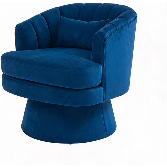 360° Swivel Velvet Barrel Accent Chair with Lumbar Pillow, Upholstered Round Armchair with Pedestal Base for Living Room, Bedroom, Office,Blue