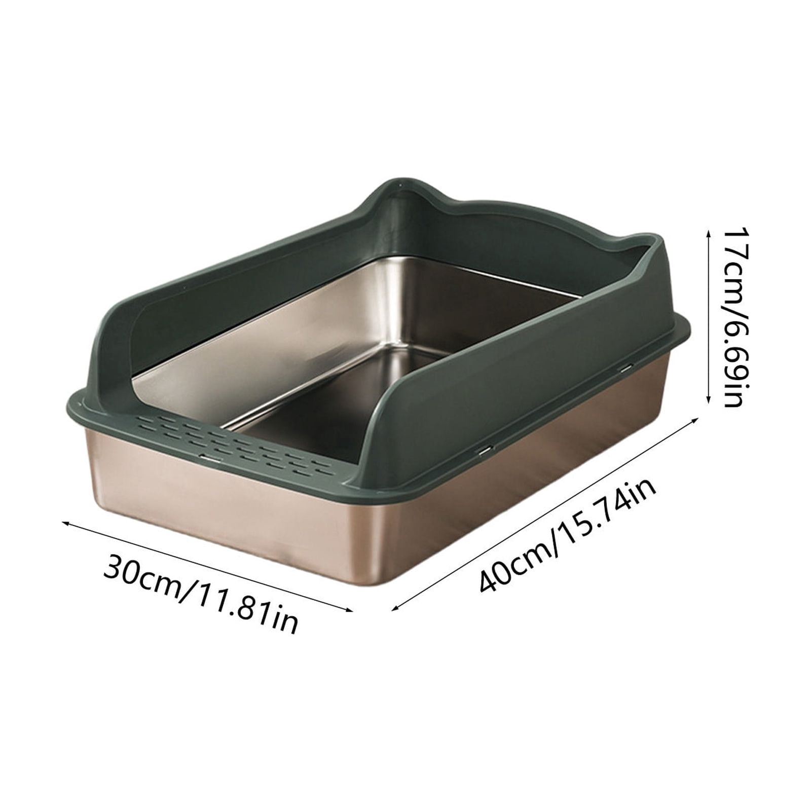 Stainless Steel Litter Box with High Sides, Open Top Extra Large Metal Cat Litter Box, Non-Stick, Odor Free, Leakproof, Scoop Included, 16" x 12" (Green)