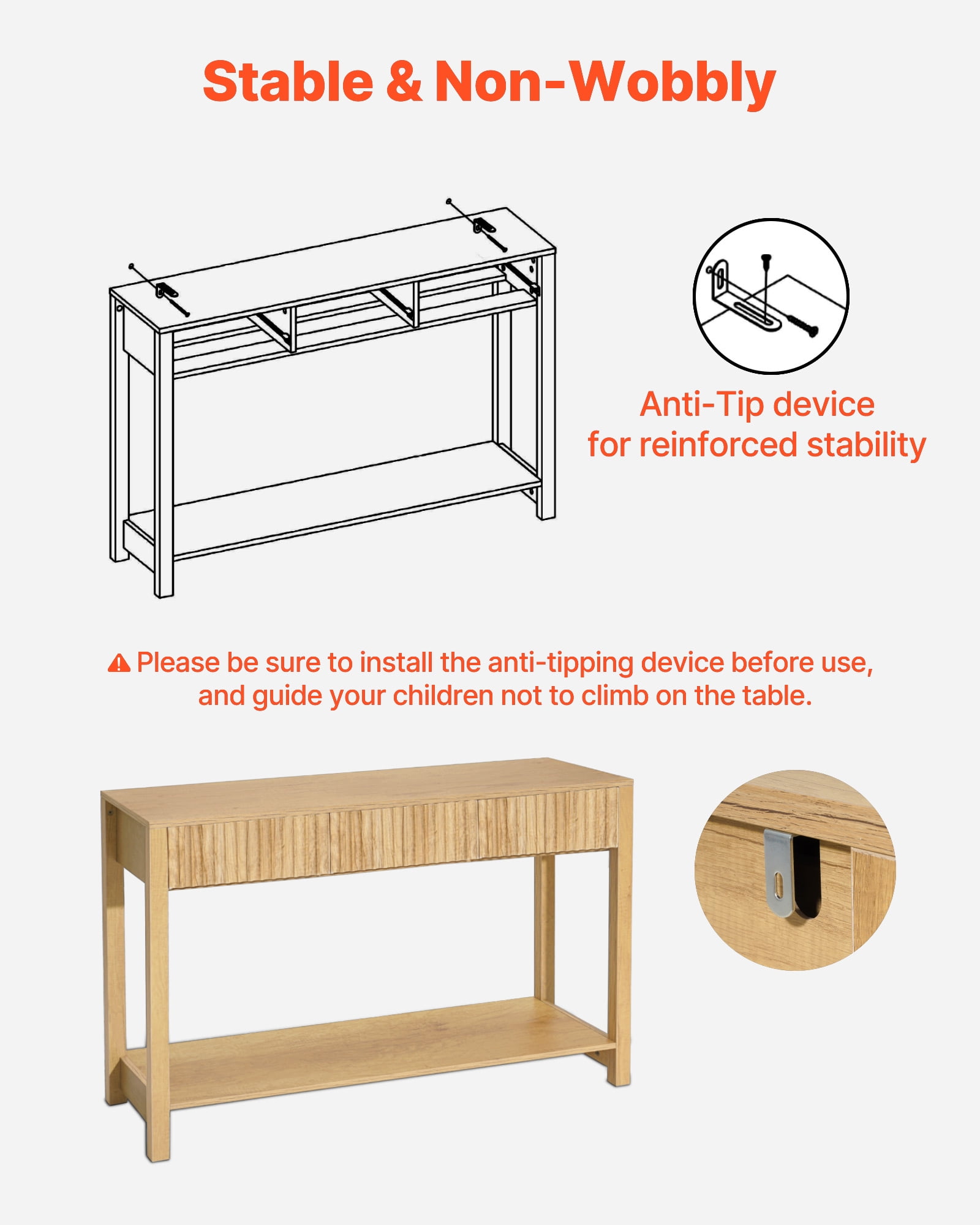 VEVOR 47 in Console Table, Farmhouse Desk Behind the Couch with Drawers and Bottom Storage Shelf, Wooden Rectangle Entrance Narrow Sofa Table for Hallway, Bedroom, Living Room, Foyer, Burlywood
